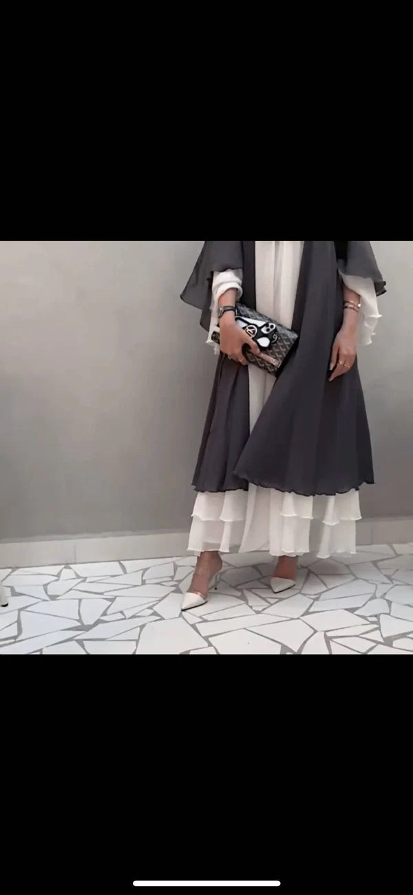 Luxurious Layla Grey & White 3 Layered Abaya Two Pc Set