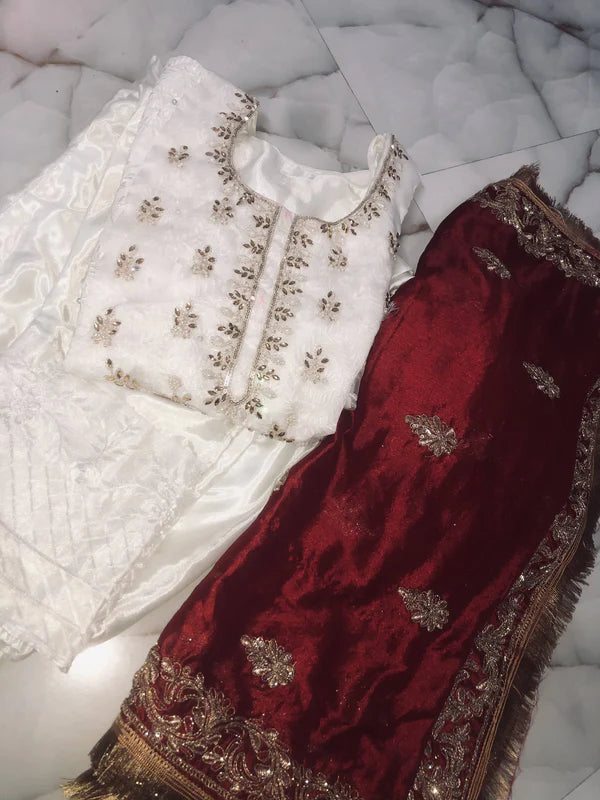 White & Red Pakistani Suit Stitched 3 PC Set